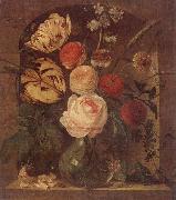 unknow artist Still life of various flowers in a glass vase,set in a niche oil painting on canvas